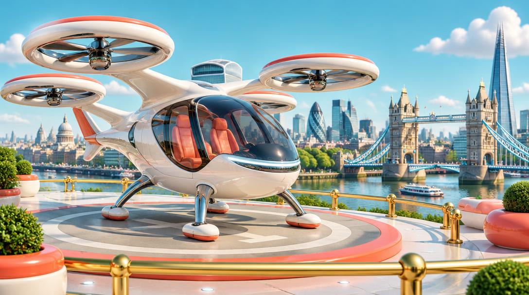 Concept illustration of an electric aircraft at a London landing pad